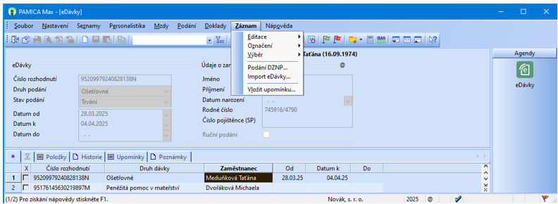 V programu PAMICA najdete vše k&nbsp;eDávkám ve stejnojmenné agendě.
